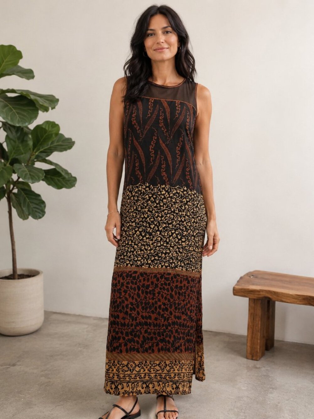 Carole Little Maxi Dress Size 8 – Boho Mixed Print Dark Earth‑Tones Sleeveless